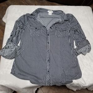 Love Potion Woman's Blouse Black and White Striped button up Long Sleeve